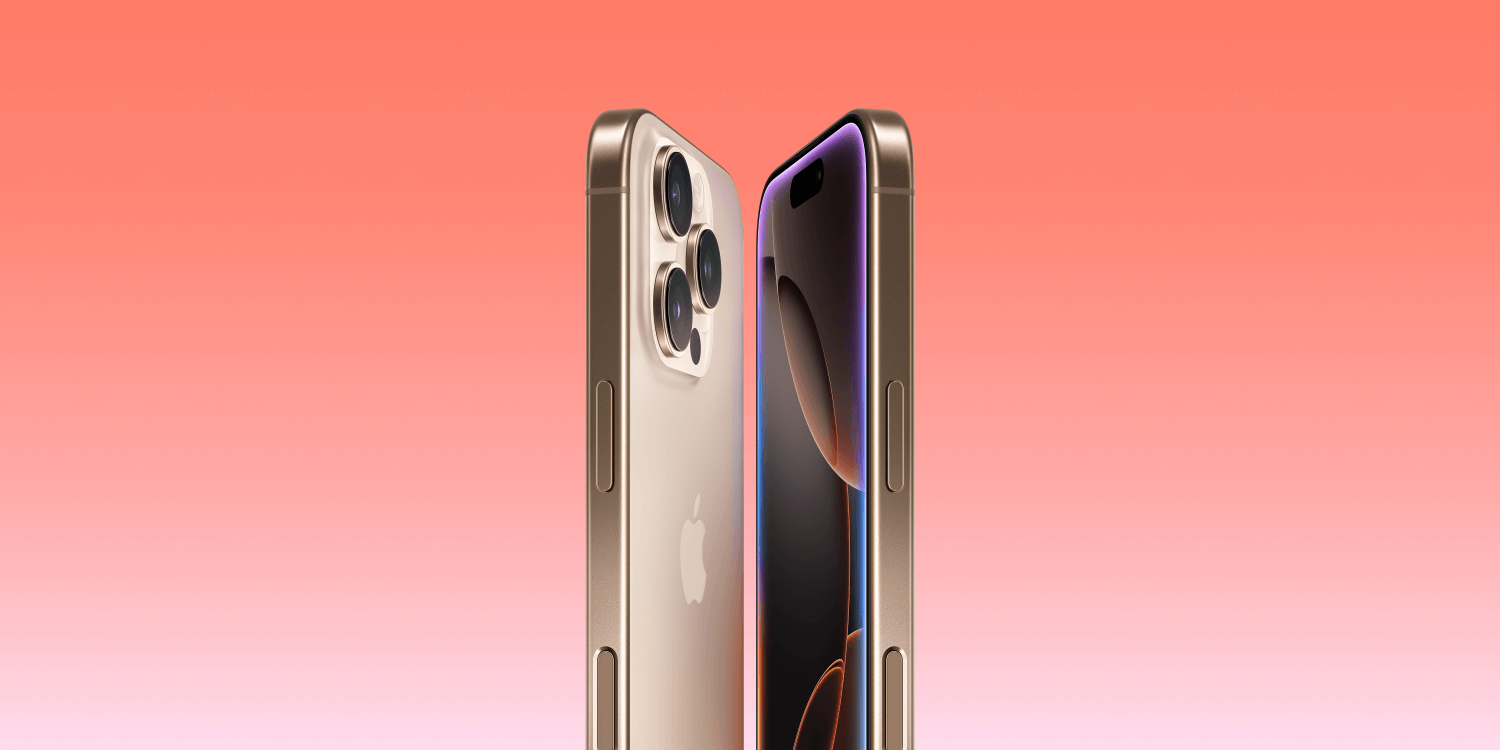 Three Business image of two hands each holding an iPhone 15 behind a gradient background