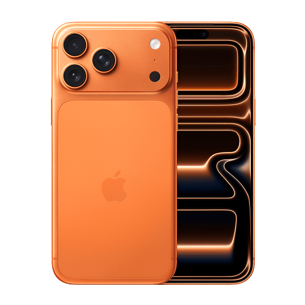 Front and back of the iPhone 17 Pro for business in Cosmic Orange 